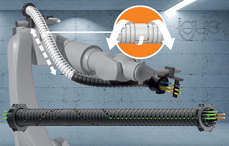 The new TRX energy chain system from igus saves space on the third robot axis and ensures a retraction length of up to 40%. (Source: igus GmbH)