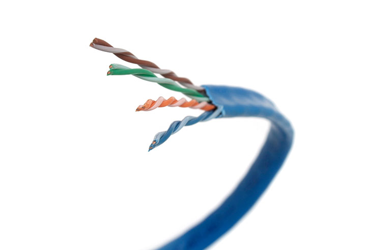 UTP cable in its most common configuration of four twisted pairs surrounded by an outer jacket, like this Category 7 network cable.